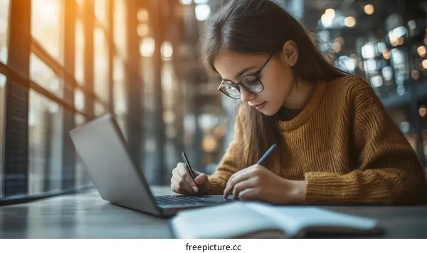 Focused Young Woman Working on Laptop