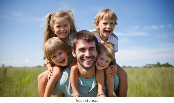 Happy family of five in a field