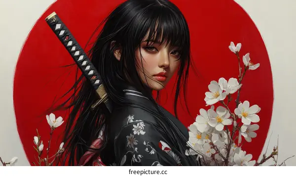 Asian Woman with Sword and Cherry Blossoms Illustration