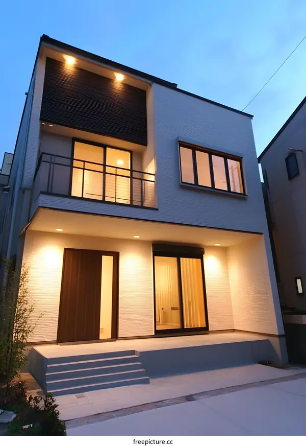 Modern White House Exterior with Wooden Door and Windows