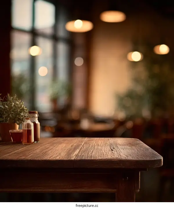 Rustic Wooden Tabletop in a Cafe Setting