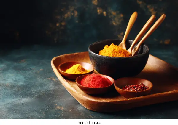 Colorful Spices on Wooden Tray