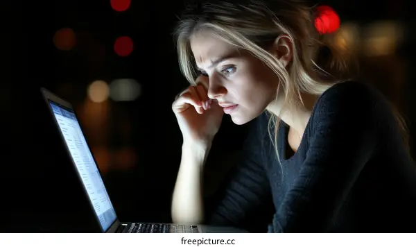 Woman Stressed by Laptop Work at Night