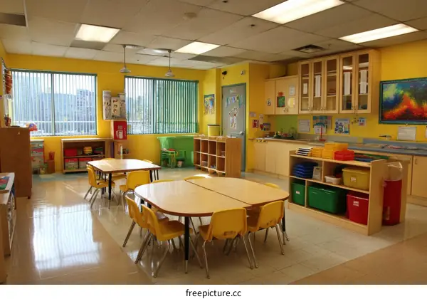 Kindergarten Classroom with Colorful Furniture and Activities