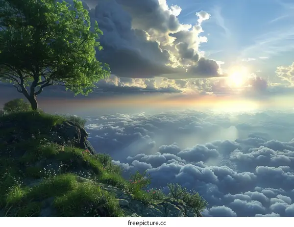 Secluded Tree on Clifftop with Orange Sunrise