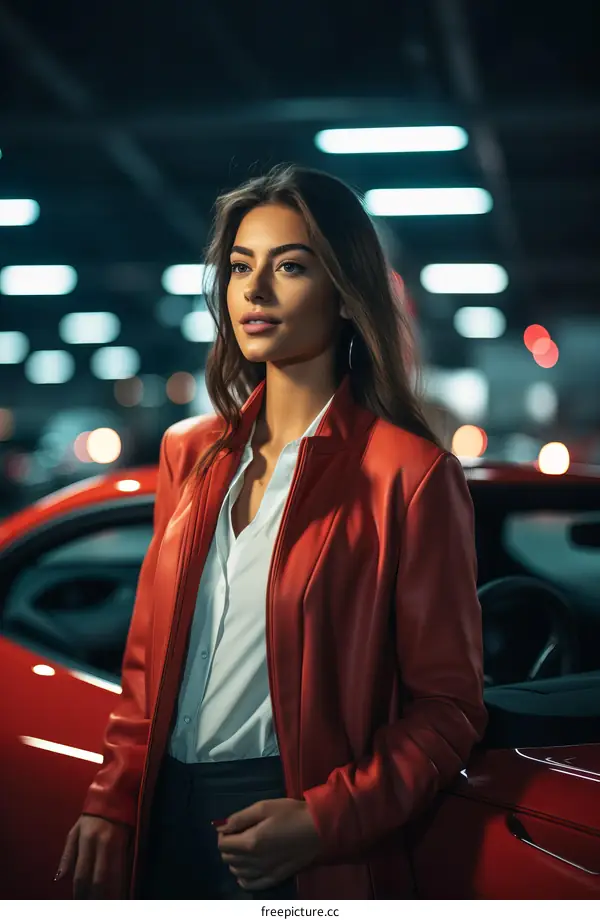 Elegant woman in red leather jacket posing next to a red sports car