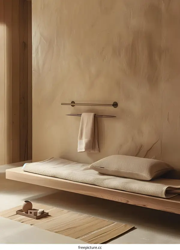Minimalist Bathroom Design with Wooden Bench and Towel Rack
