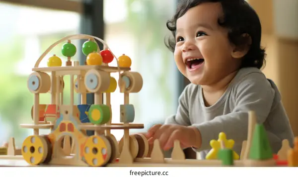 Toddler playing with wooden toy train set