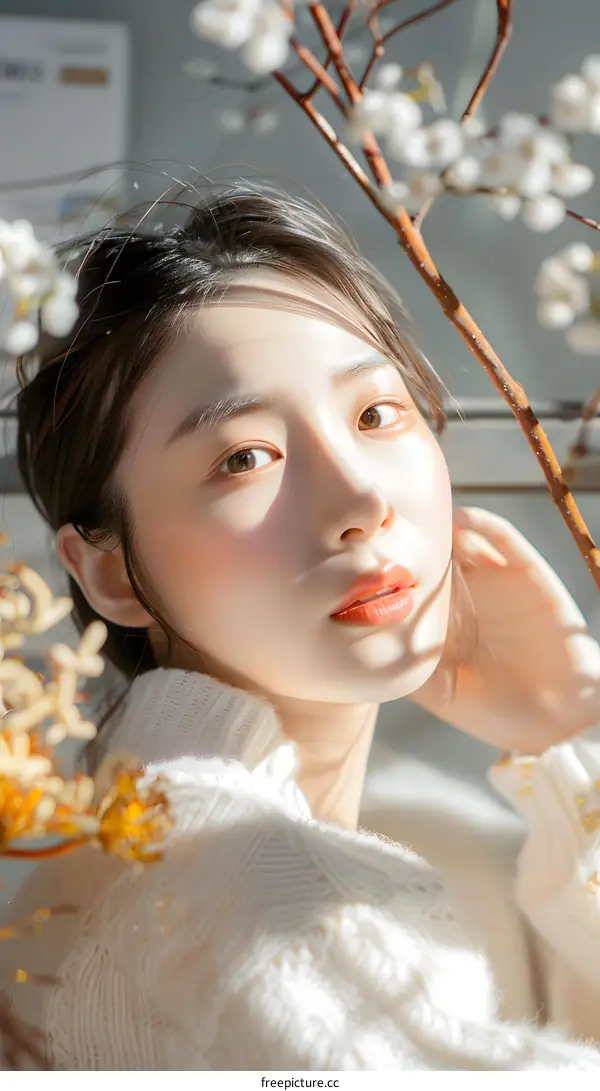 Portrait of a Young Asian Woman Wearing a White Sweater