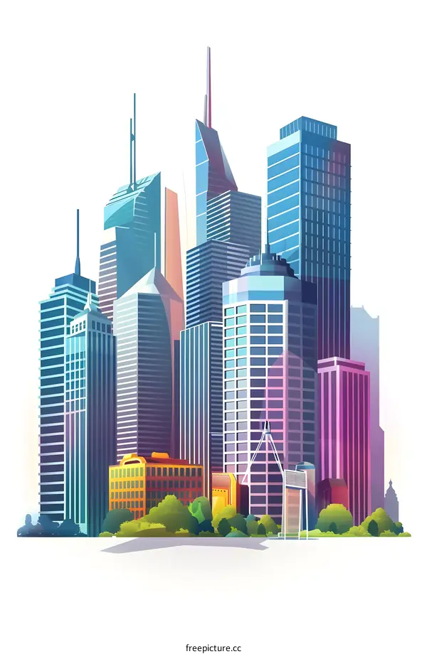 Modern Cityscape Illustration with Buildings and Trees