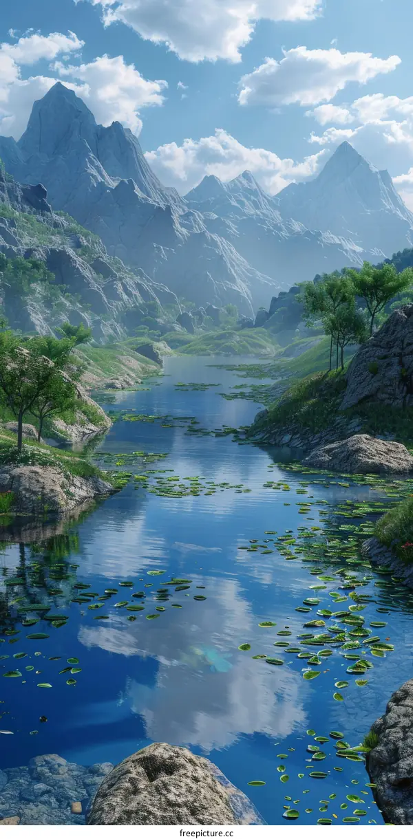 Enchanted Fantasy Landscape with Mountains, River, and Trees