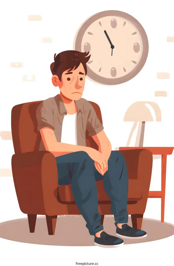 Sad Man Sitting in a Chair with a Clock and Lamp Behind Him