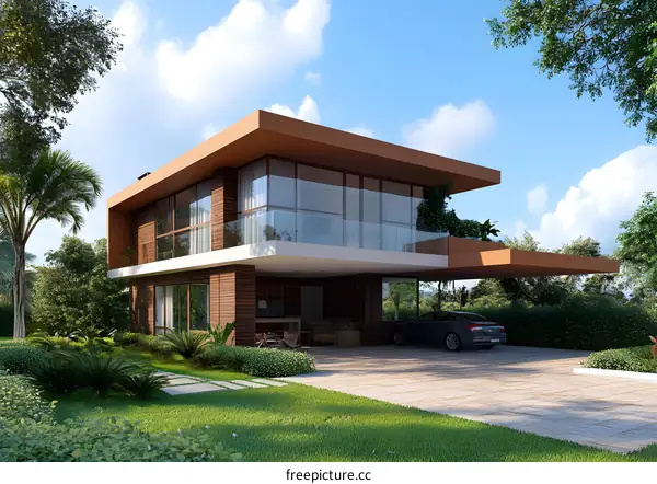 Modern House with Large Windows and Balcony