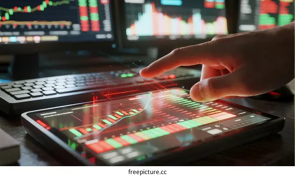 Hand interacting with digital stock chart on tablet screen