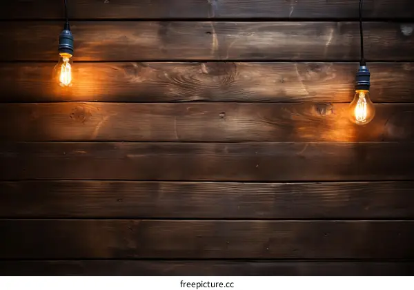 Two vintage light bulbs hanging on a wooden wall background
