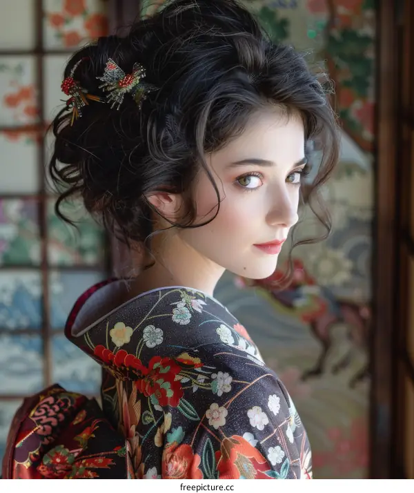 portrait of a beautiful young woman in a kimono