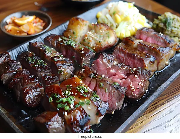 A plate of delicious steak and other dishes