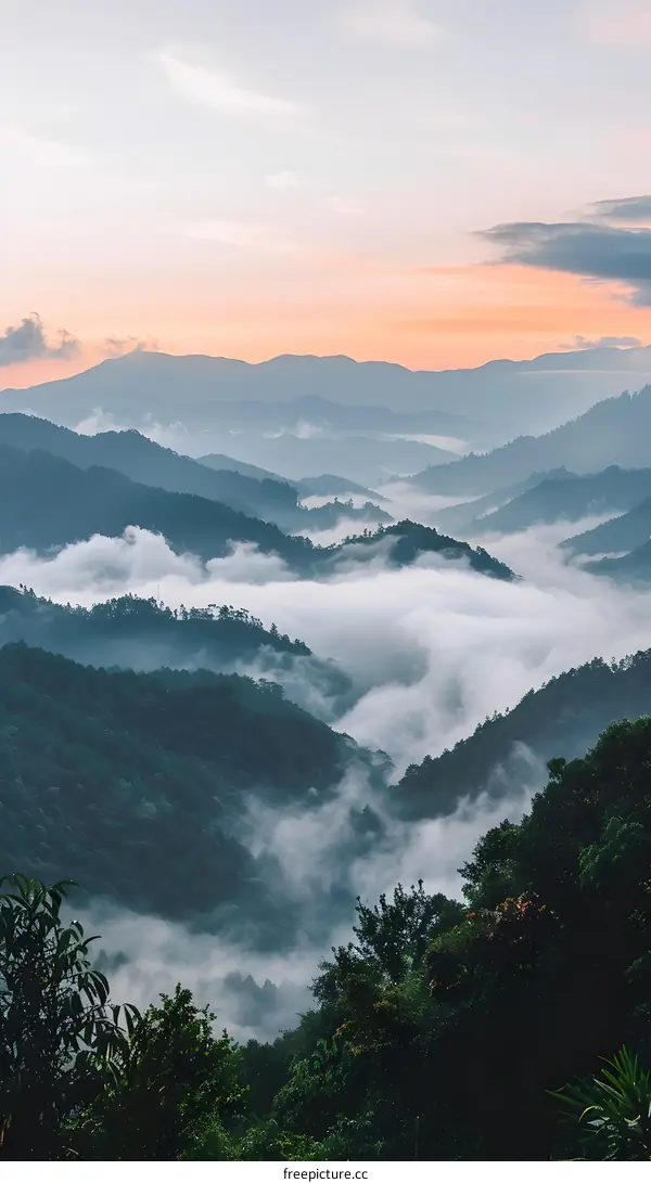 Misty Mountain Landscape At Sunset