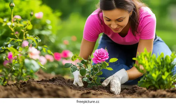 Woman Planting a Rose in a Garden