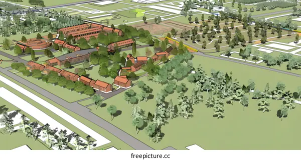 Aerial View of a Campus with Buildings and Trees