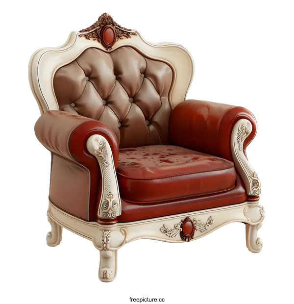 [Transparent Background PNG]Vintage Red and Brown Leather Armchair with Ornate Carving