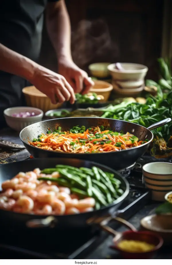 Chef Stir-Frying Shrimp and Vegetables in a Wok