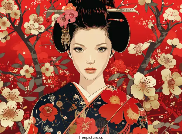 Beautiful Geisha with Red and Gold Floral Background