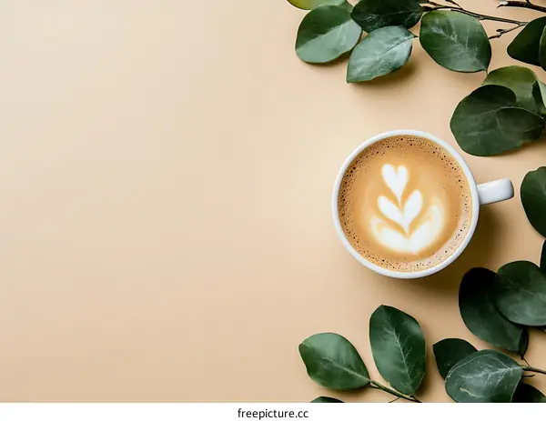 Minimalist Flat Lay Photography with Cup of Coffee and Green Leaves on Beige Background