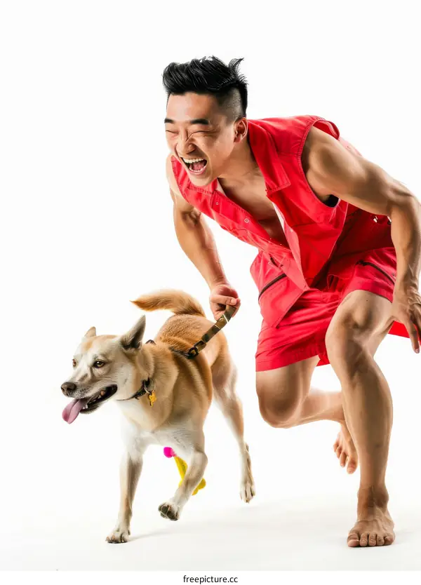 Asian man running with dog