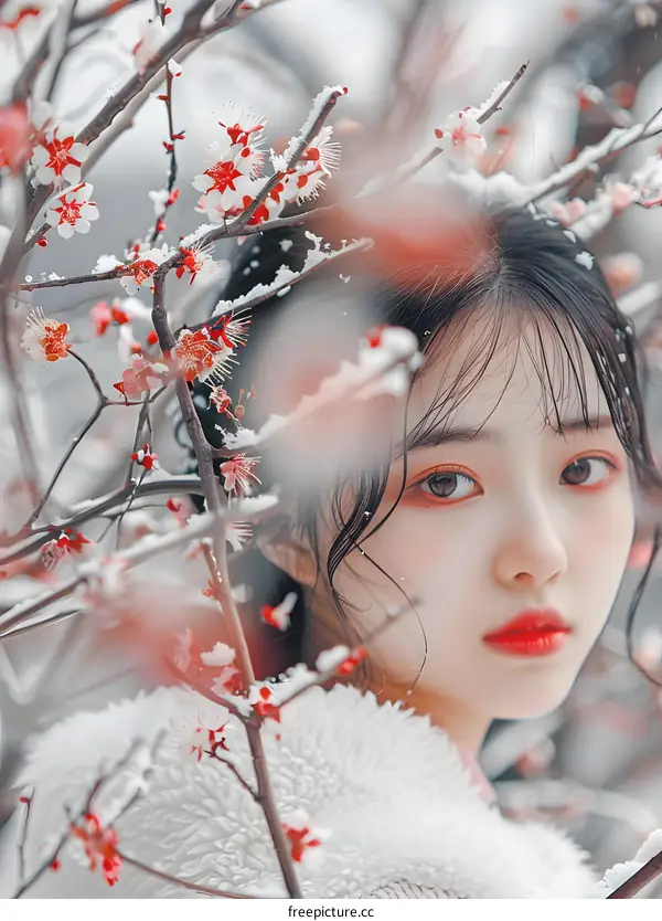 Asian Woman With Red Lips Posing In Snowy Red Flowers