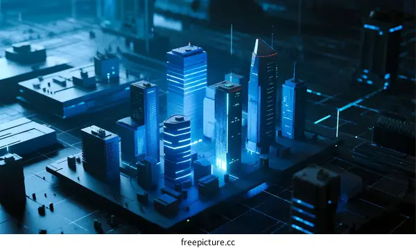 Futuristic Digital Cityscape with Illuminated Skyscrapers and Technology