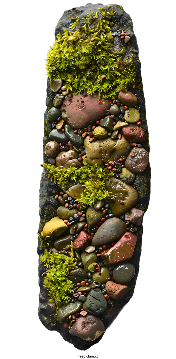 [Transparent Background PNG]Green Moss and Stone Arrangement on Black Slate