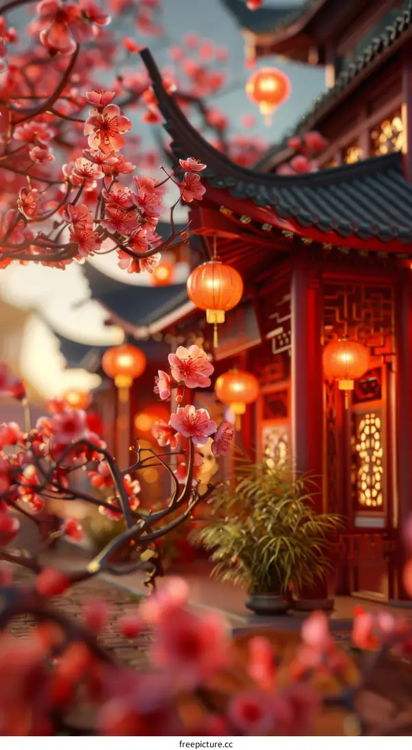 Chinese Courtyard with Pink Cherry Blossoms and Red Lanterns