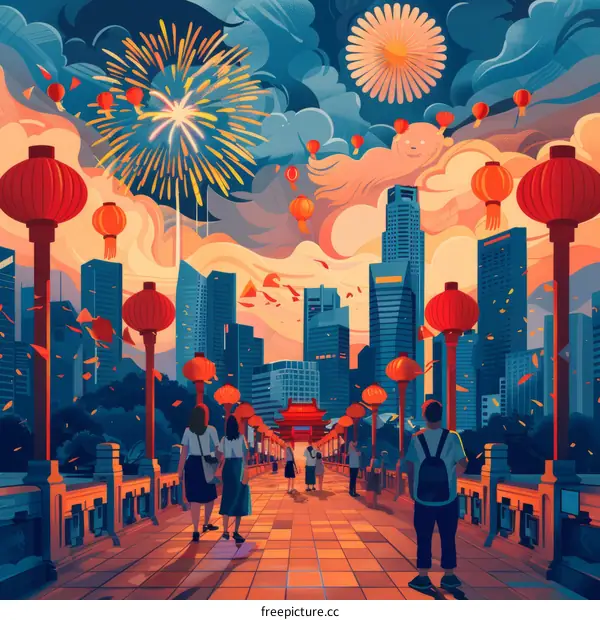 Crowds Enjoy Fireworks Display on City Bridge