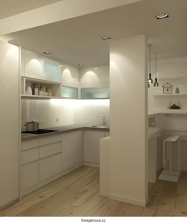 Modern Kitchen Interior Design with White Cabinets and Wood Floor