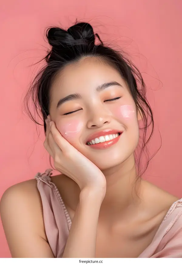 Beautiful Asian Woman with Pink Cream on Her Face