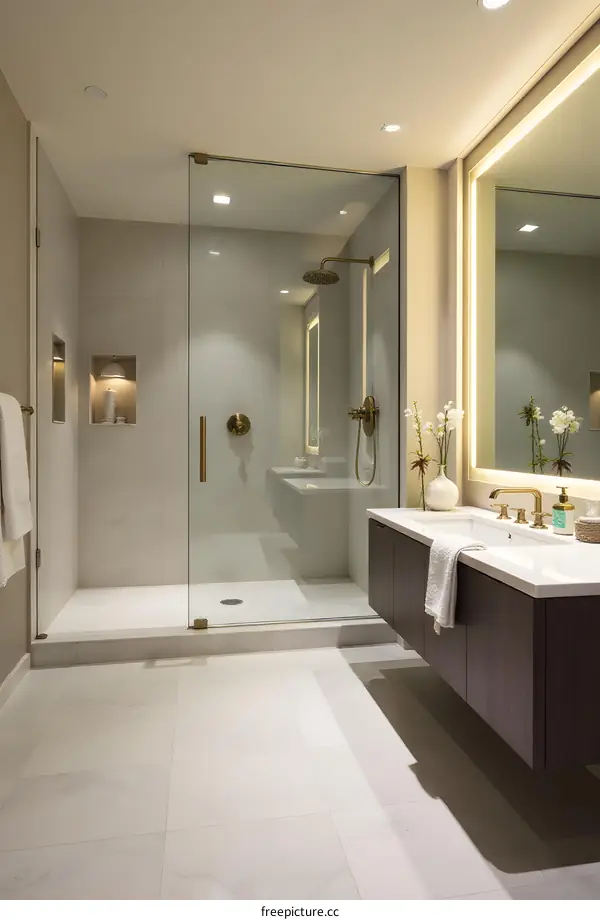 Modern Bathroom with Glass Shower and White Tile