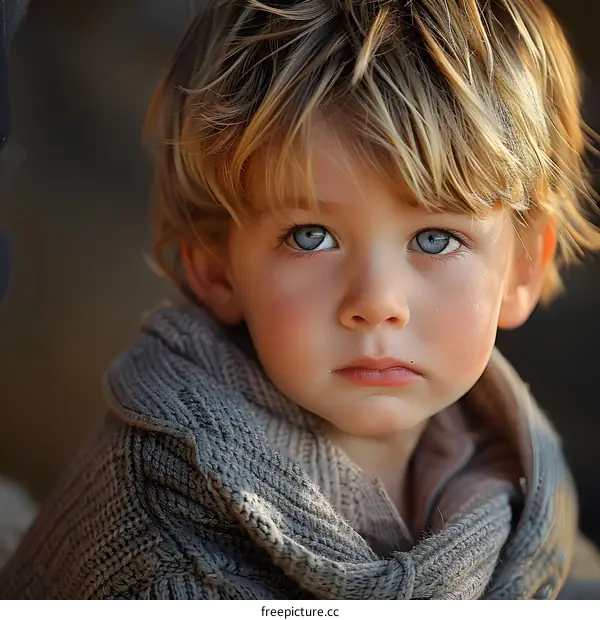Portrait of a young boy with blond hair and blue eyes