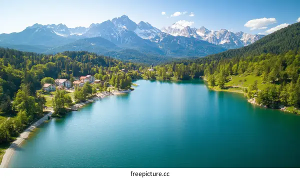 Alpine Lake Scenery with Mountain Village