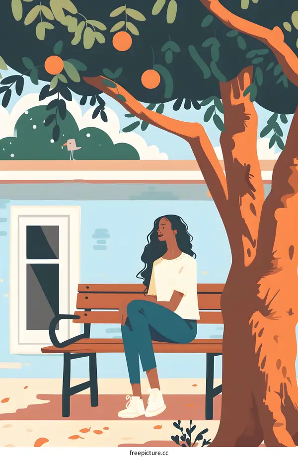 Woman Sitting on Bench Underneath Orange Tree