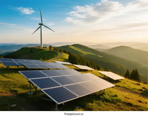 Solar panels and wind turbines on green mountain landscape