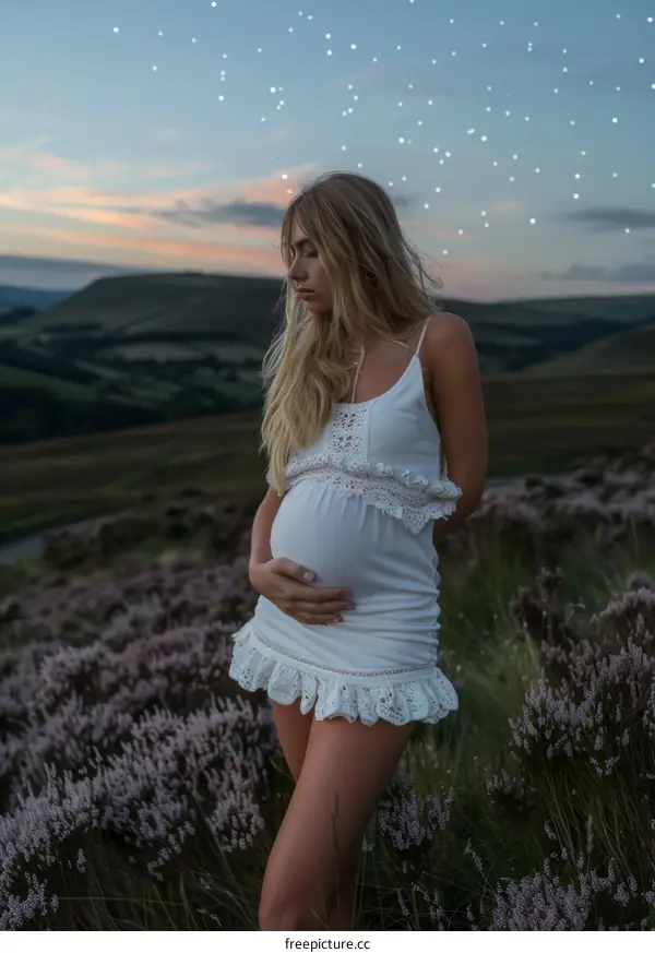 A Pregnant Woman Connecting With Nature Under a Starry Sky