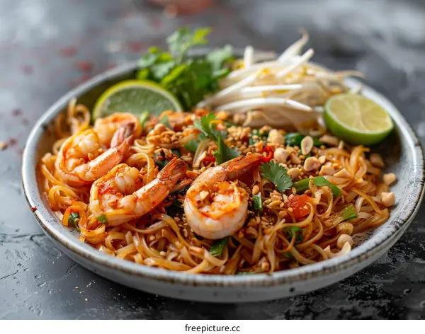 Pad Thai with shrimp, peanuts, bean sprouts and lime