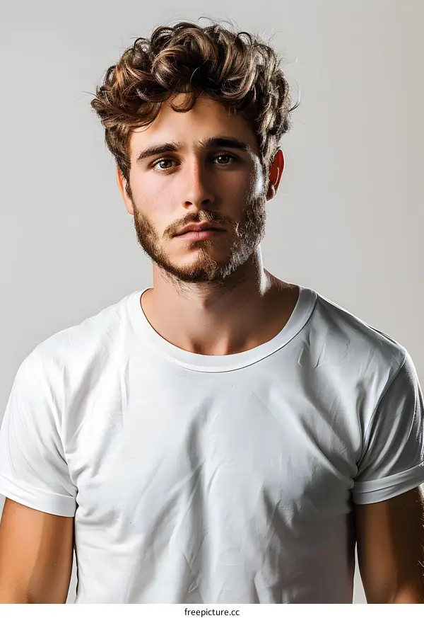 Portrait of a handsome young man with brown hair and blue eyes