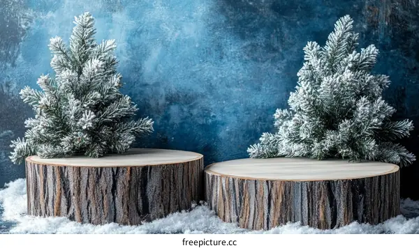 Winter Scene Display with Wooden Logs and Snow