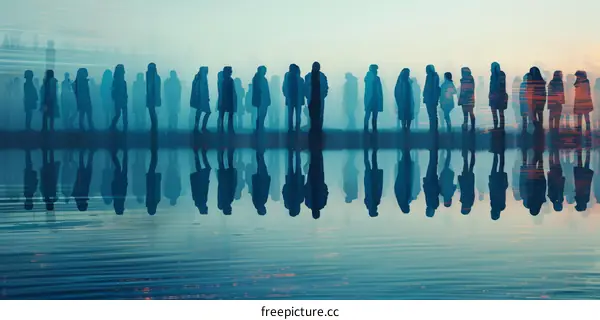 Silhouettes of a Crowd of People Standing on a Reflective Surface