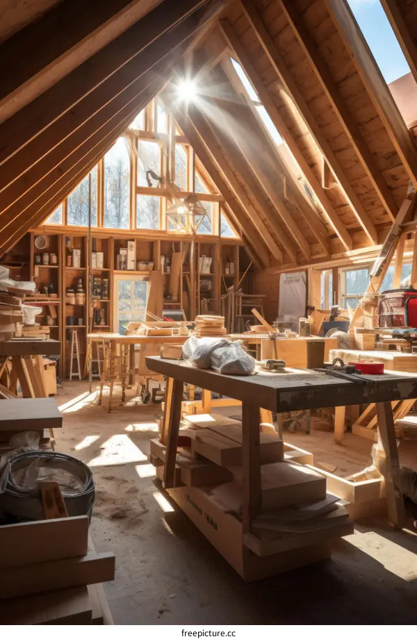 Carpentry workshop attic with natural sunlight shining through the windows