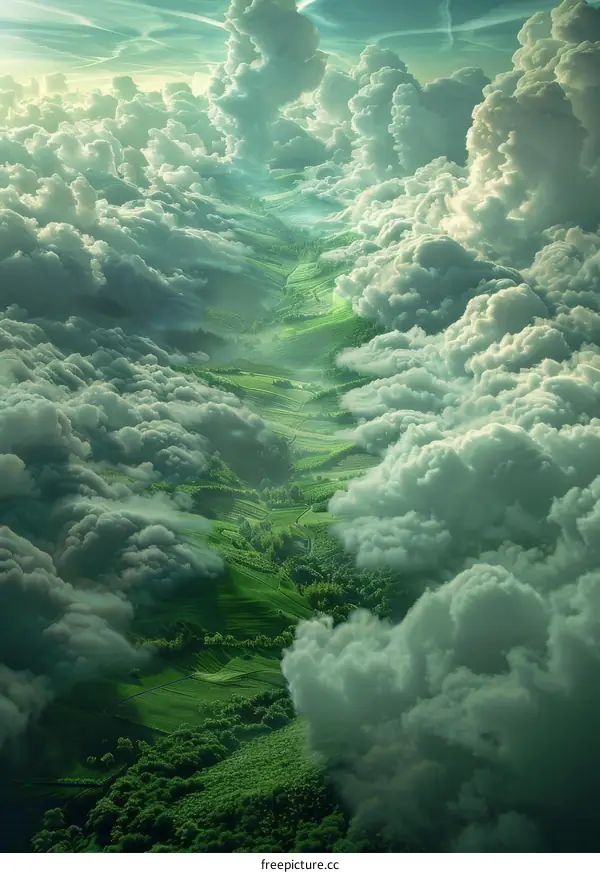 Aerial View of Lush Green Valley Surrounded by Clouds