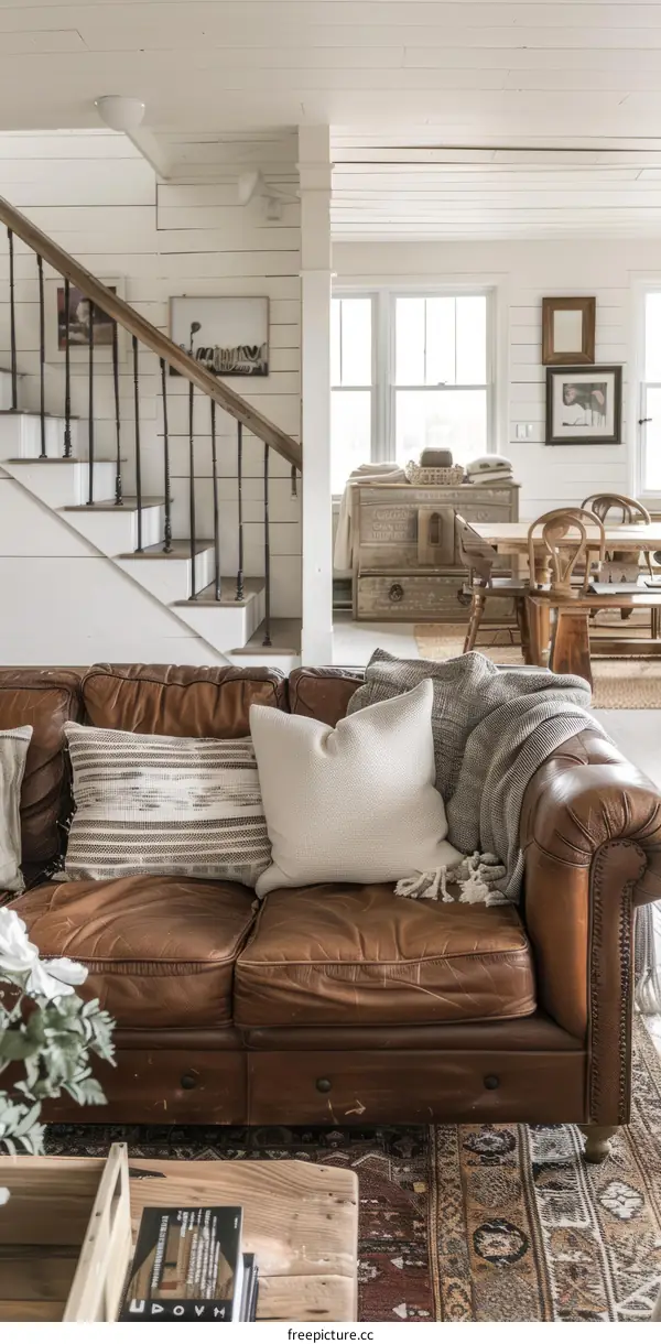 A Beautiful Living Room With a Leather Sofa and a Fireplace