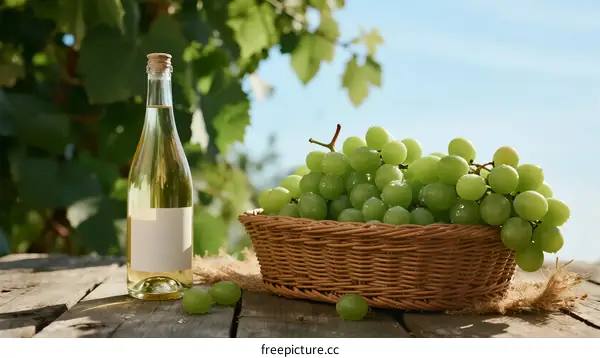 Basket of fresh green grapes and a bottle of white wine on wooden table